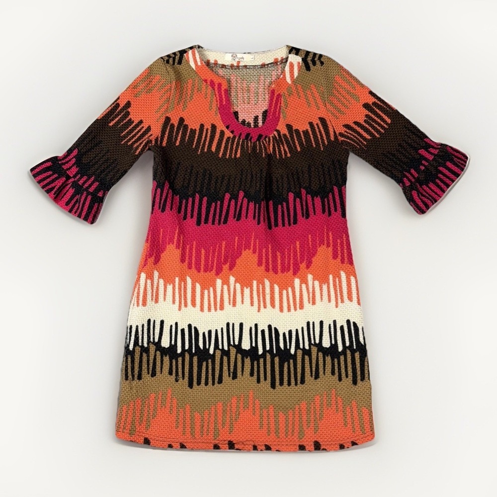 Aryeh Knit Shift Dress Womens Large Multi‎ Color Zig Zag Ruffle Sleeve